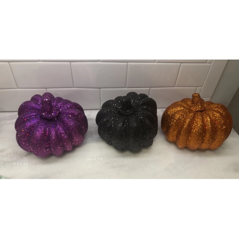 Vintge Pier One Black Purple & Orange Glitter Halloween Pumpkins. Set Of 3. EUC